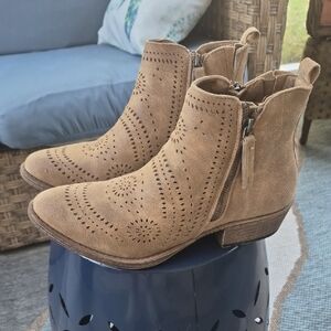 Very G Tan Perforated Suede Ankle Booties